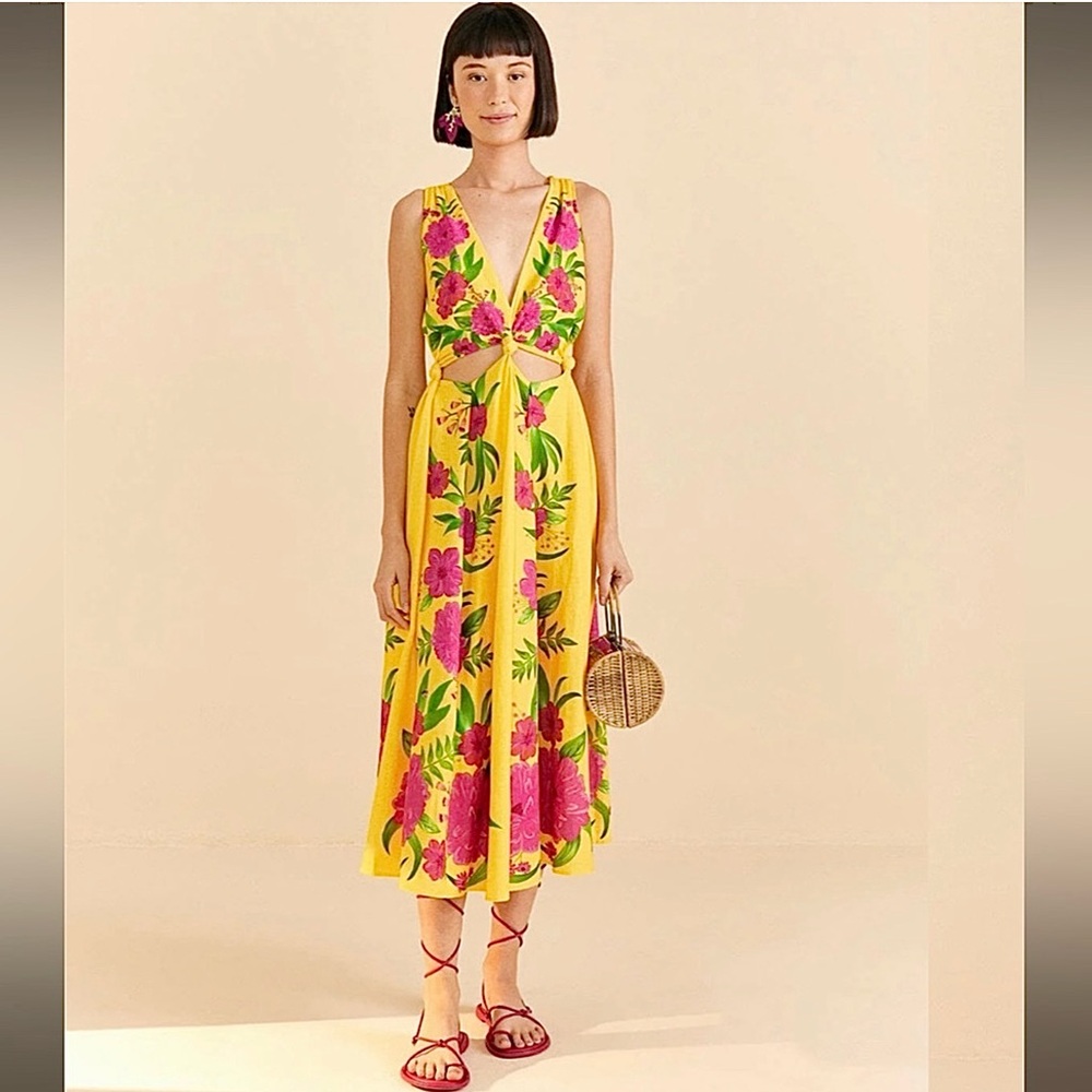 FARM Rio Yellow Midi Dress with Pink & Green Floral Print